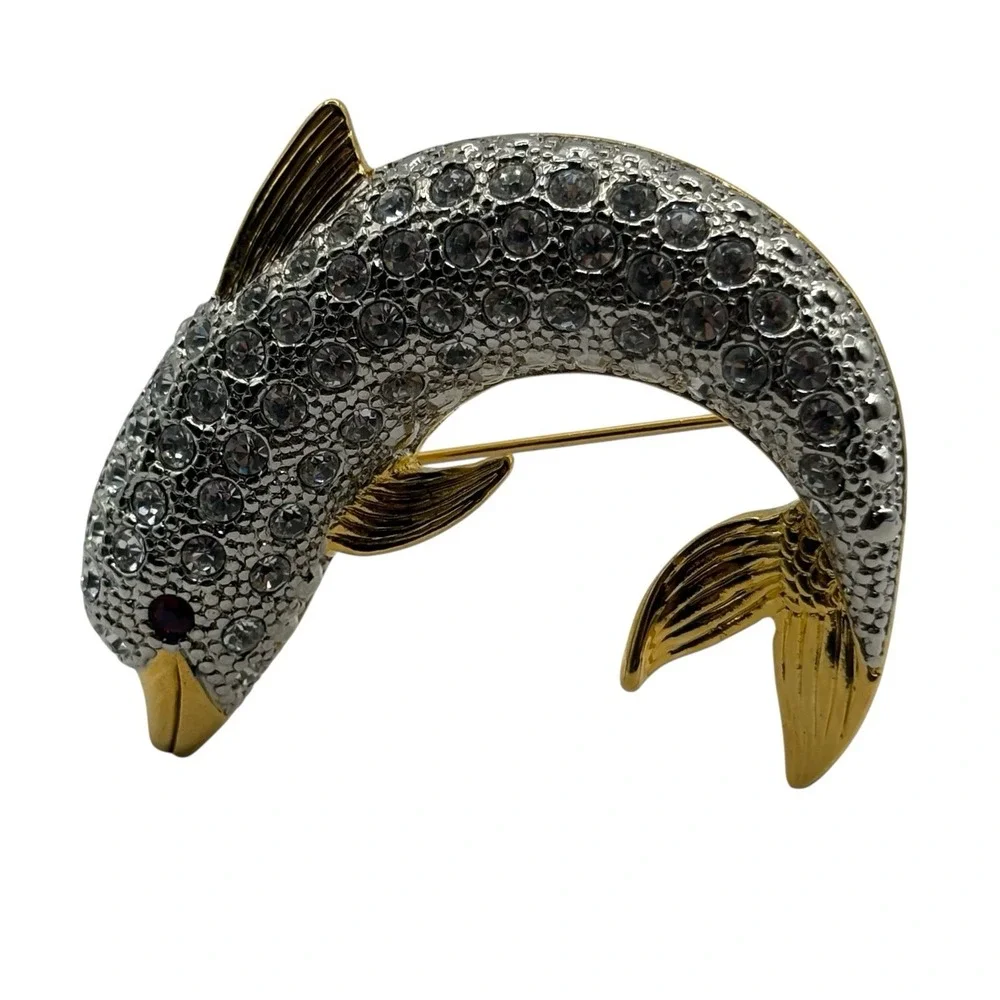 Vtg Dolphin Brooch Pin By P.‎ S. Co. Rhinestone Gold Tone Y2K Dated 2000 Ocean
